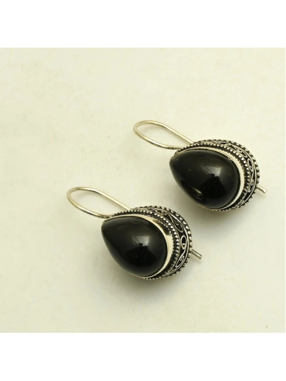 Black Onyx Gemstone 925 Plated Drop Antique Design Earrings 1.5 Inch Long NWT